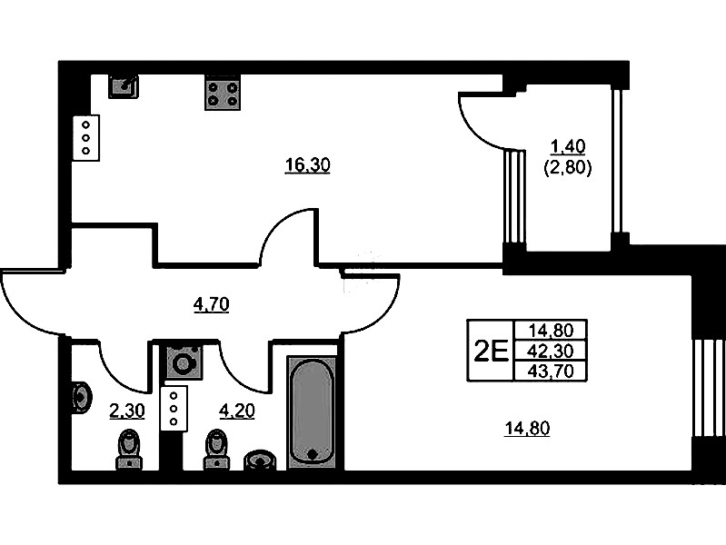1-комнатная квартира 43.7 м², 6/13 эт., ЖК «Тайм Сквер»